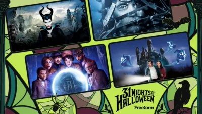 A promotional poster for Freeform's "31 Nights of Halloween" features a spooky green background with spiderwebs and showcases four movie panels, including scenes from Maleficent, Edward Scissorhands, Haunted Mansion, and Casper.