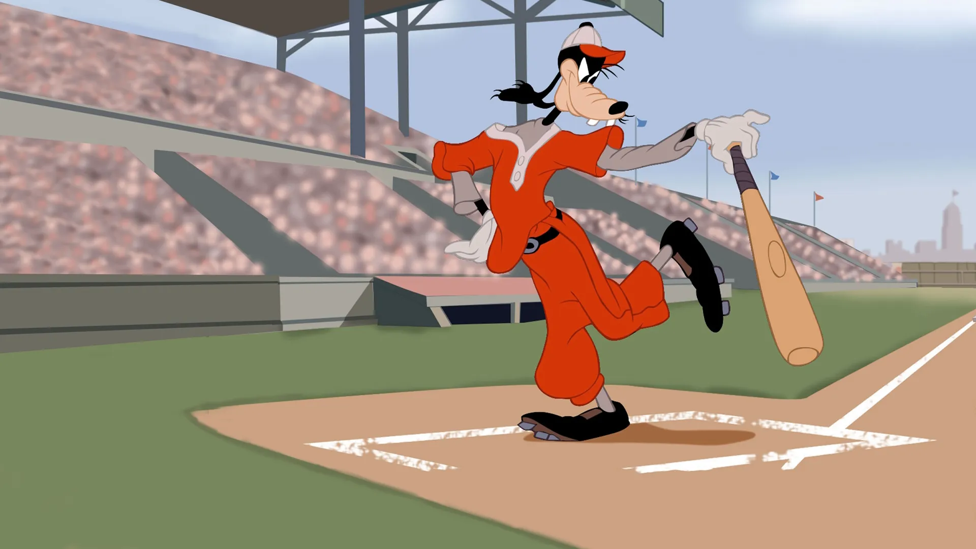 Goofy stands on baseball field in the 1942 short Goofy: How to Play Baseball.