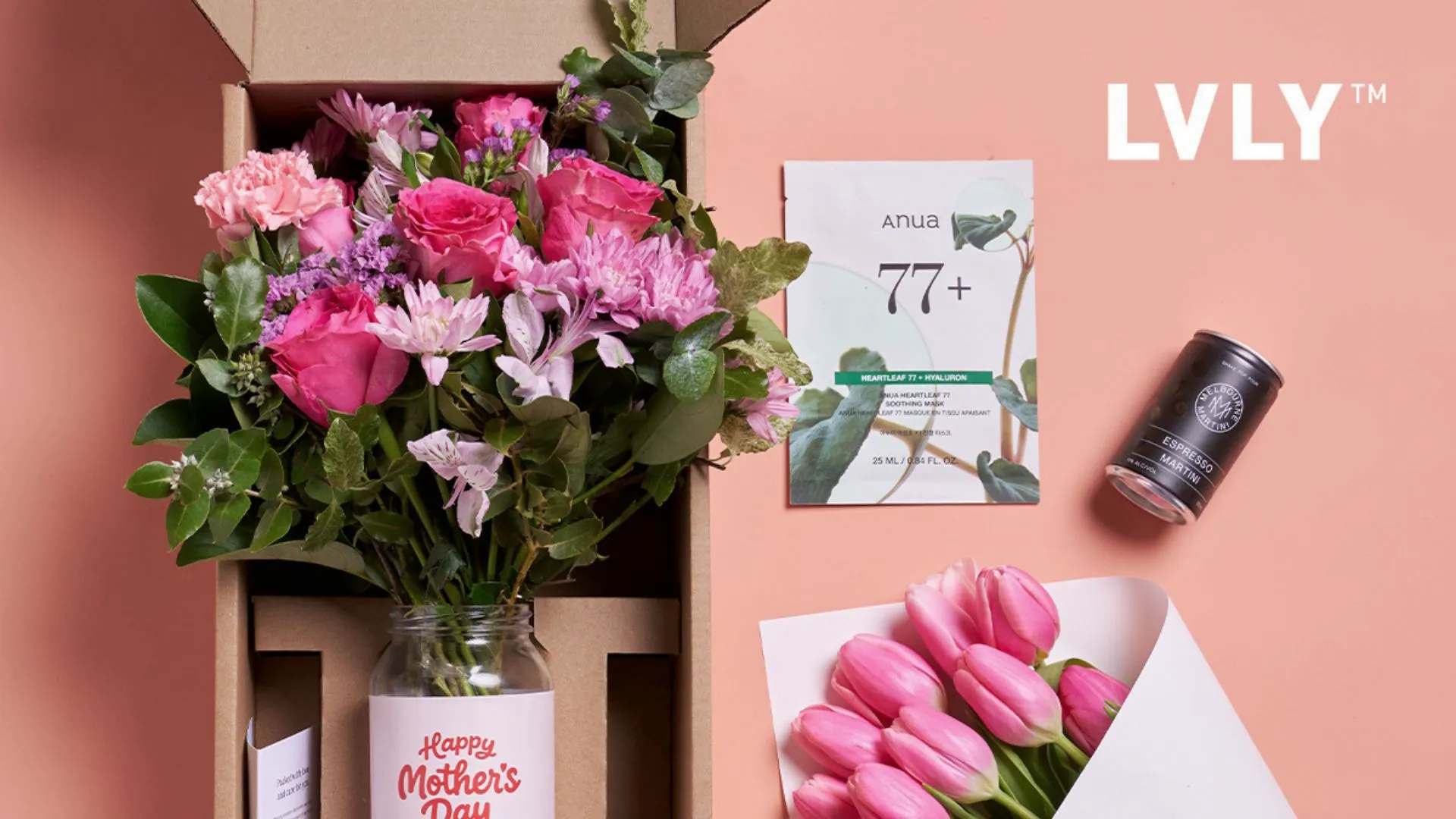 An image of fresh flowers in a jar, a bunch of tulips and assorted Mother's Day gift options from LVLY.