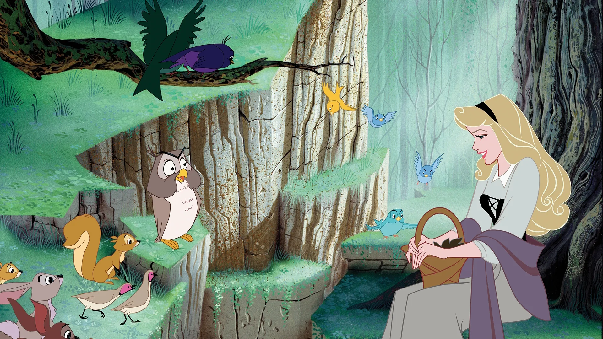 Aurora singing with her forest friends, including an owl, squirrels, and several birds in Sleeping Beauty