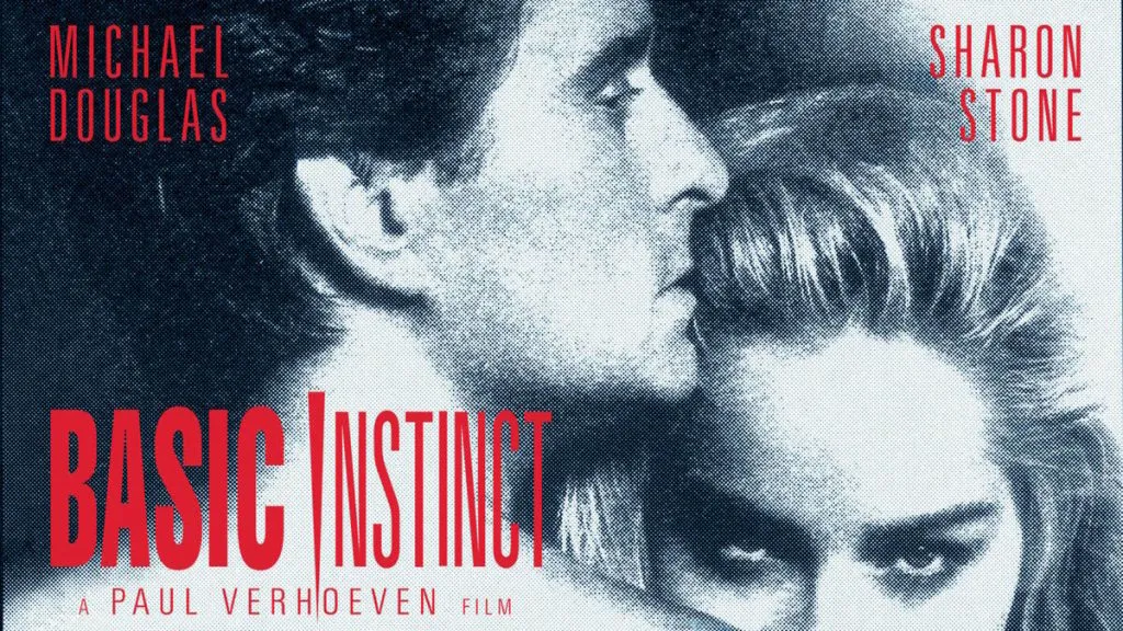 Title art for Basic Instinct featuring Michael Douglas and Sharon Stone in an intense, close embrace rendered in a blue-tinted style.