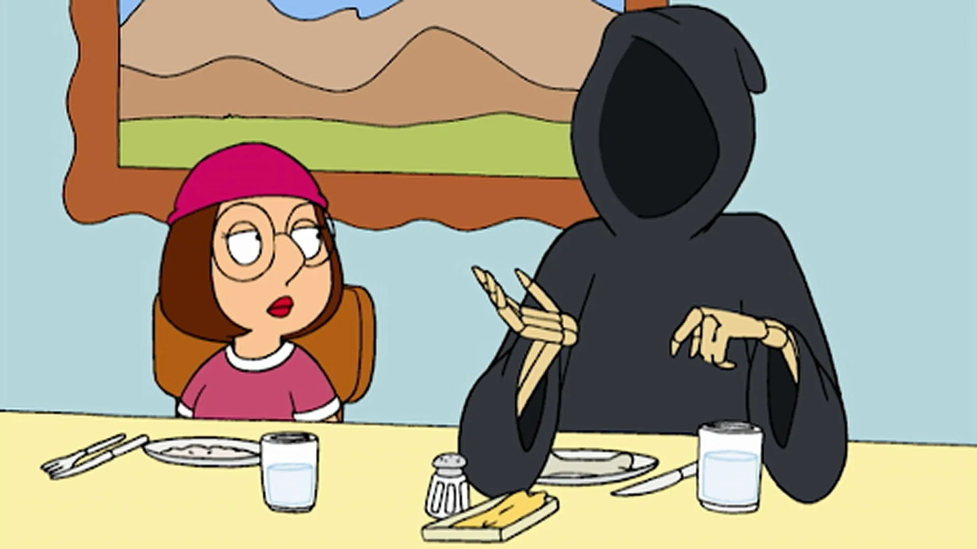 The image shows Meg Griffin having dinner with Death in the Family Guy episode "Death Is a Bitch". 