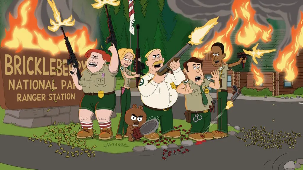 An image from the adult animated sitcom, Brickleberry.