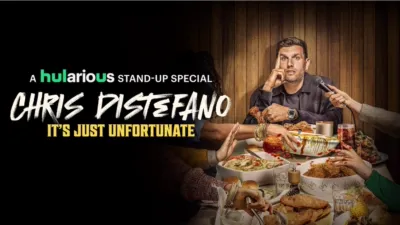 Title art for the new Chris Distefano comedy special on Hulu, It’s Just Unfortunate.