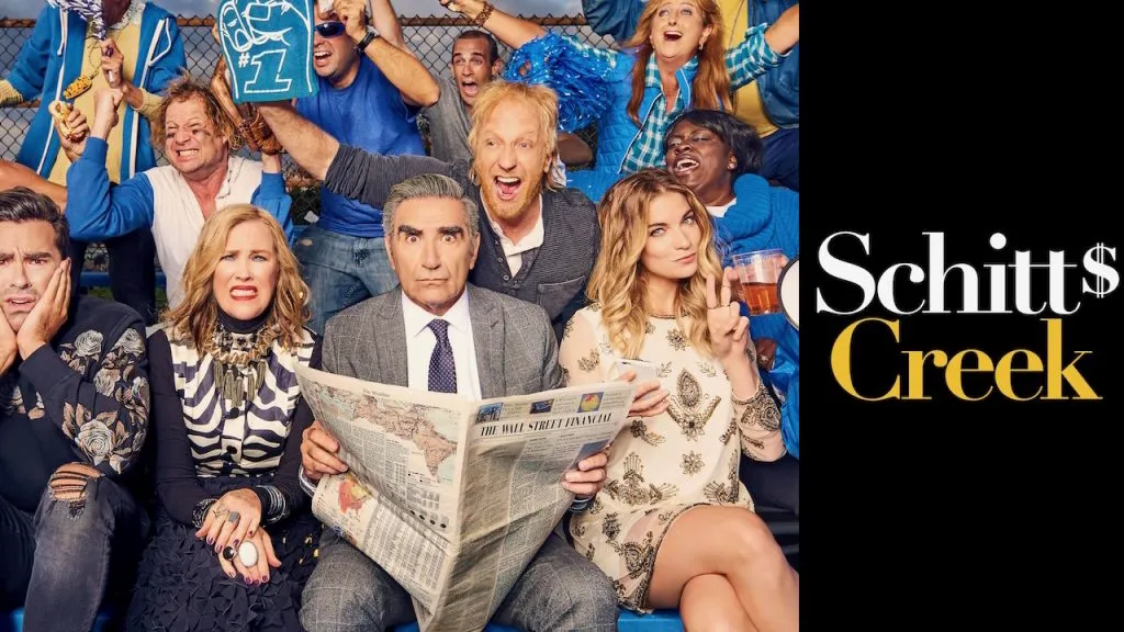 An image of the main cast of Schitt’s Creek, starring Dan Levy, Catherine O’Hara, Dan Levy, Eugene Levy, and Annie Murphy.