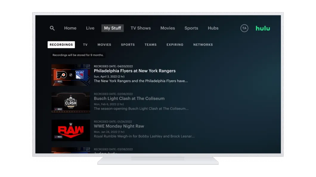 "My Stuff" tab in Hulu app displaying recordings of college football games.