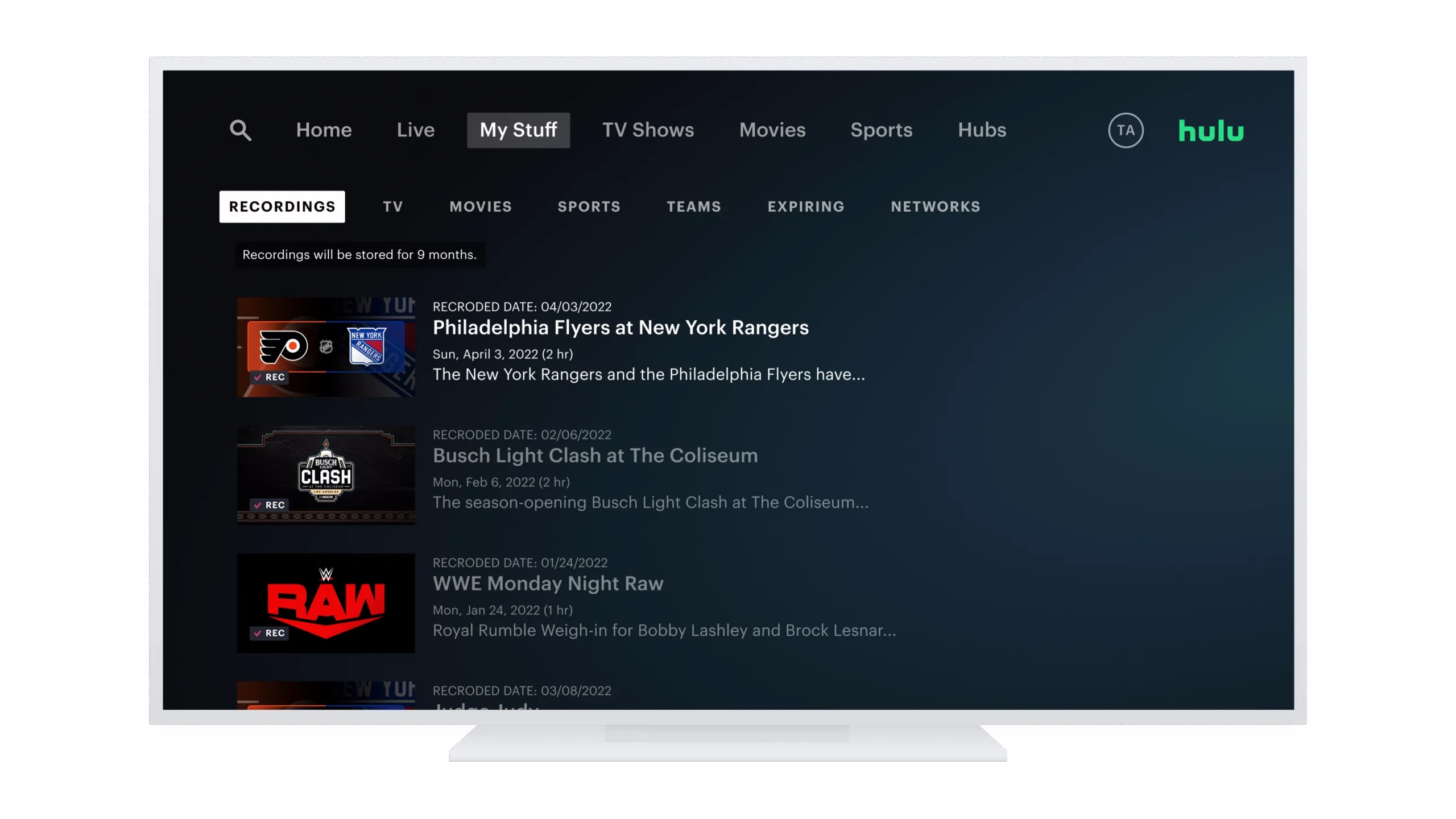 "My Stuff" tab in Hulu app displaying recordings of college football games.