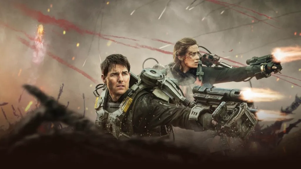Promotional art for the dystopian movie, Edge of Tomorrow, starring Tom Cruise and Emily Blunt.