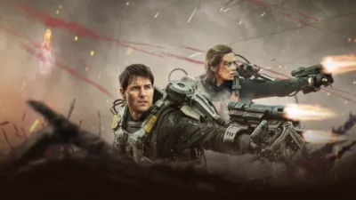 Promotional art for the dystopian movie, Edge of Tomorrow, starring Tom Cruise and Emily Blunt.