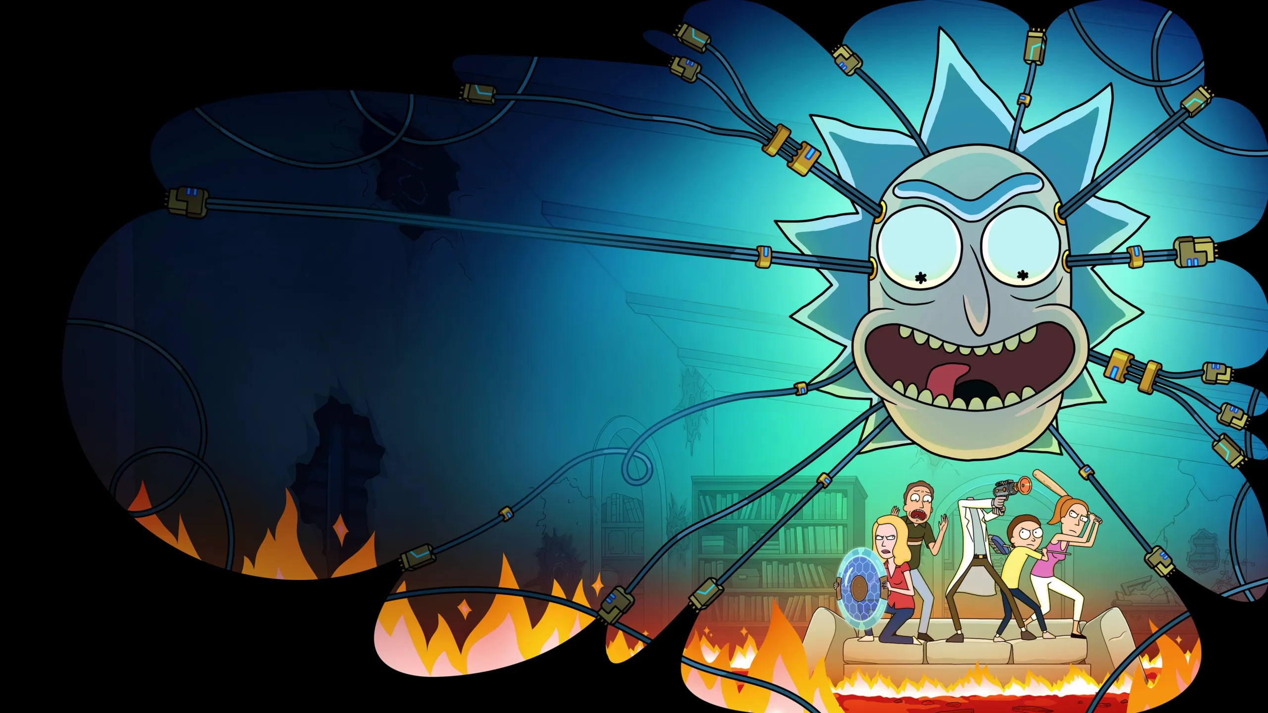 This image is the promotional key art for Season 9 of the animated sci-fi sitcom Rick and Morty.