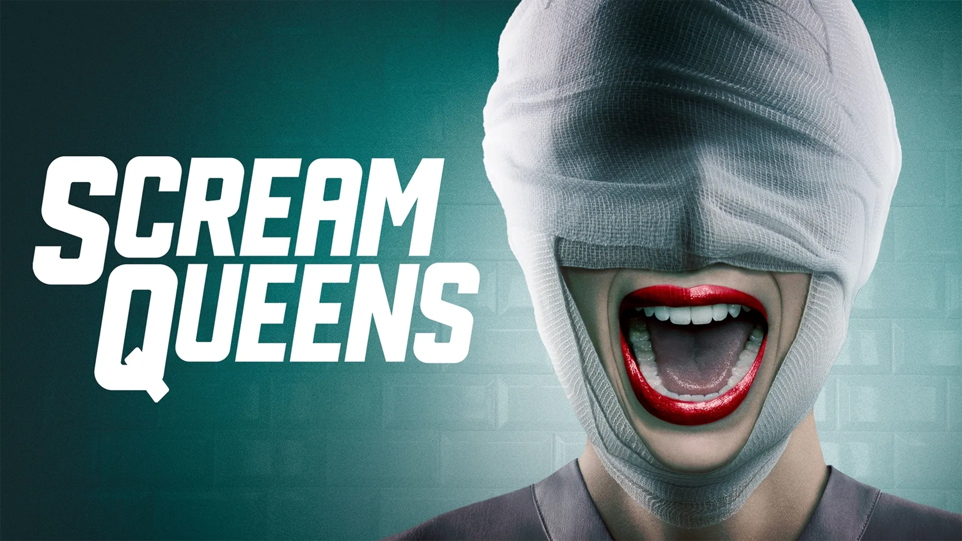 A person wears medical gauze wrapped tightly around their entire head to conceal their upper face, leaving only a wide-open mouth with bright red lipstick exposed in a scream next to the bold white title text for Scream Queens.