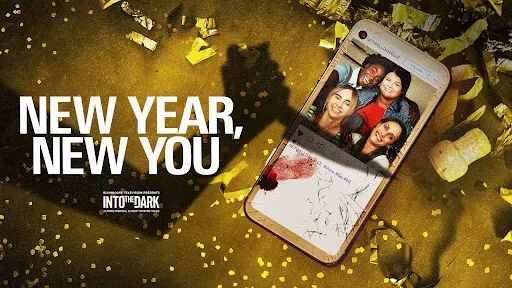 Still image from New Year, New You, featuring a woman covered in blood staring in a mirror.