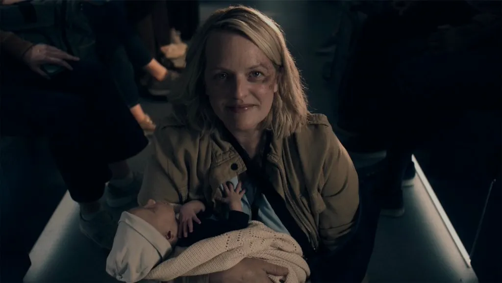 A still image of Elisabeth Moss as June Osborne in The Handmaid’s Tale.