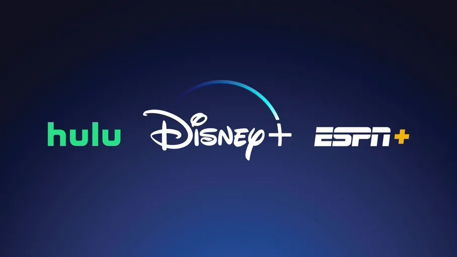 A graphic image with the Hulu, Disney+, and ESPN+ logos — part of the Disney Bundle streaming package.