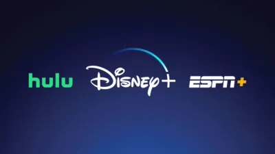 A graphic image with the Hulu, Disney+, and ESPN+ logos — part of the Disney Bundle streaming package.