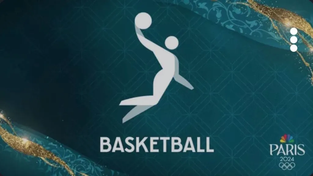Graphic art representing Olympic basketball on NBC and Hulu + Live TV. 