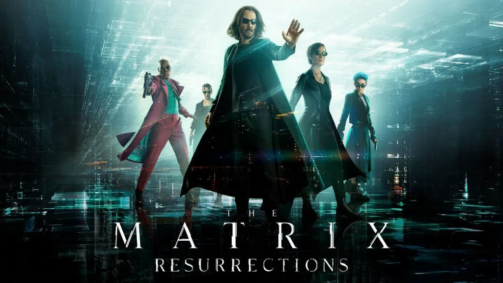 Title art for the dystopian action film, Matrix: Resurrections.
