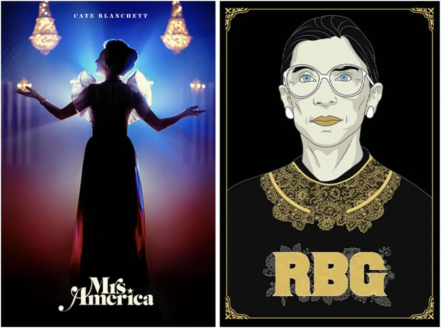 An image of the title art for Mrs. America and the title art for RBG.