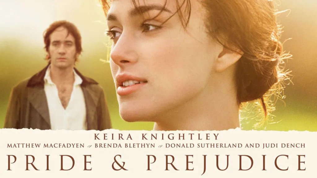 Title art for Pride & Prejudice featuring Keira Knightley in profile with Matthew Macfadyen standing in the background.