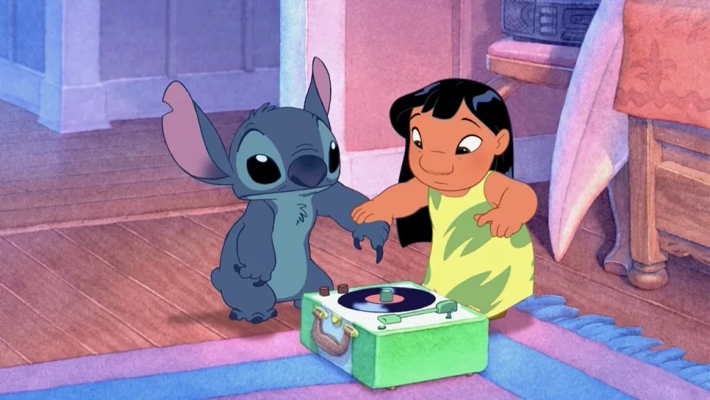 An animation still of Lilo and Stitch.