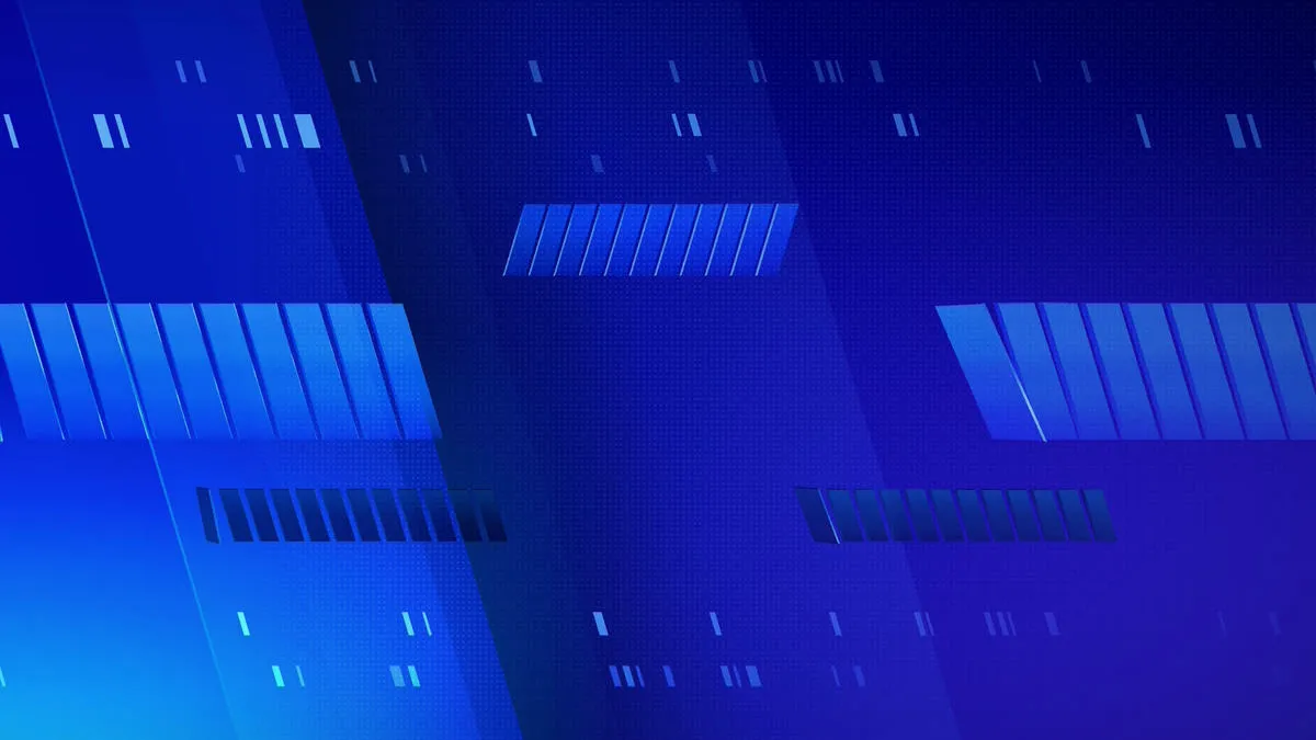 Abstract blue graphic background with diagonal shapes and light streaks, styled like a news broadcast visual.