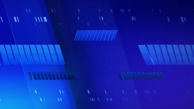 Abstract blue graphic background with diagonal shapes and light streaks, styled like a news broadcast visual.