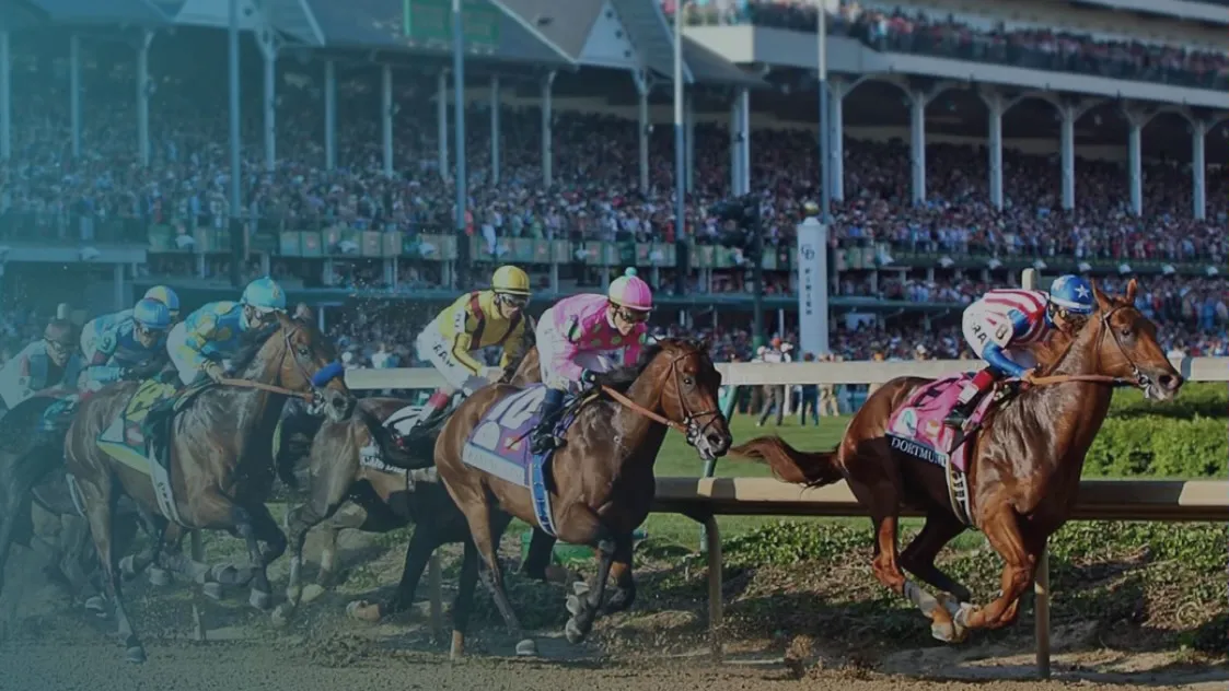 A still image of horse racing for the Kentucky Derby on Hulu.