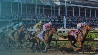 A still image of horse racing for the Kentucky Derby on Hulu.