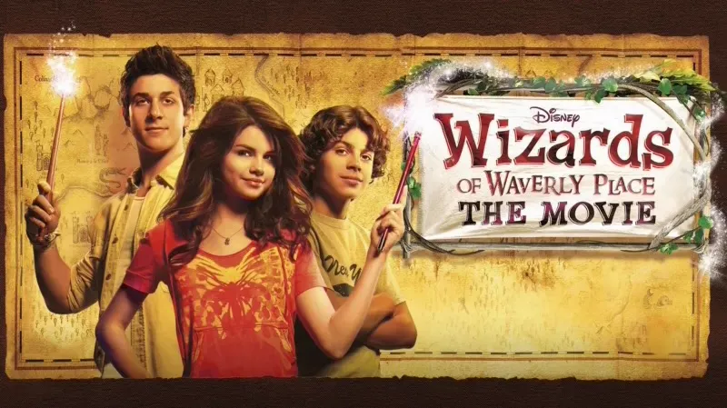 Title art for Disney’s Wizards of Waverly Place: The Movie featuring Selena Gomez, David Henrie, and Jake T. Austin holding glowing wands in front of a magical map background.