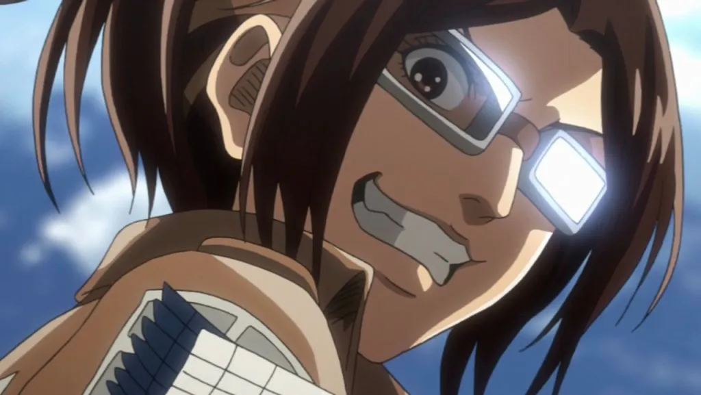 A still image of the character Hange Zoe on the anime show, Attack of Titan.
