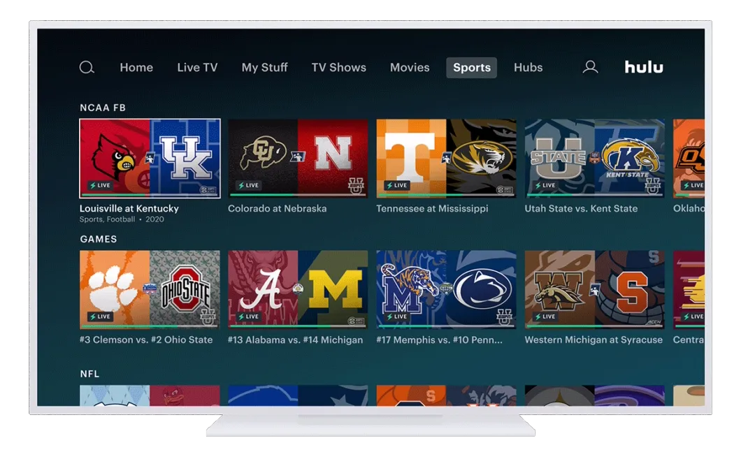 Hulu app screen displaying college football games available for streaming