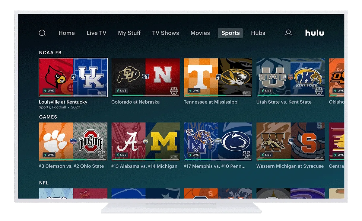 Hulu app screen displaying college football games available for streaming