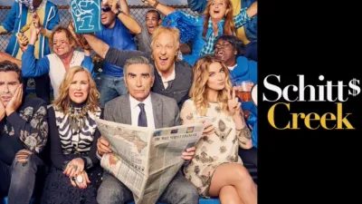 An image of the main cast of Schitt’s Creek, starring Dan Levy, Catherine O’Hara, Dan Levy, Eugene Levy, and Annie Murphy.