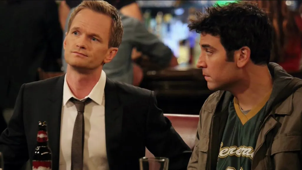A still image of Ted and Barney in the hit sitcom, How I Met Your Mother.