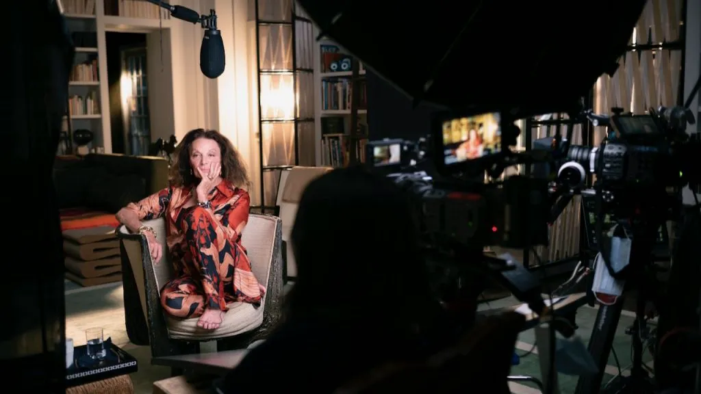 A behind-the-scenes image of Diane Von Furstenberg on the set of the documentary, Woman in Charge.