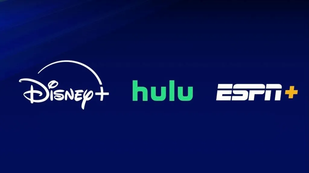 The Disney+, Hulu, and ESPN+ logos on a blue background.