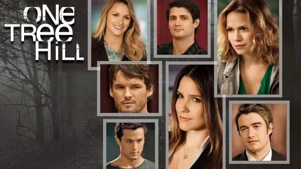 Title art for One Tree Hill, featuring Sophia Bush, Bethany Joy Lenz, and cast.