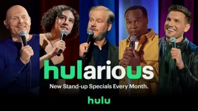 Title art for the Hularious brand of stand-up comedy specials, featuring Bill Burr, Ilana Glazer, Jim Gaffigan, Roy Wood Jr., and Chris Distefano.