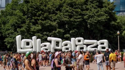 An image of balloon letters spelling out the Lollapalooza logo on-site at Lollapalooza in Chicago.