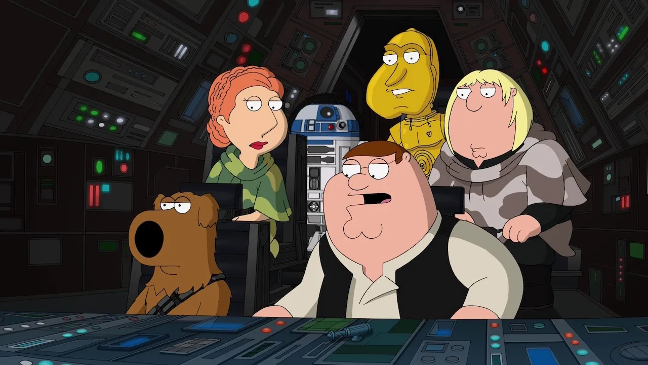 Family Guy Star Wars Blue Harvest Millennium Falcon scene with Peter, Lois, Chris, and others.