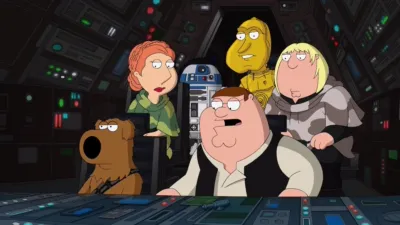 Family Guy Star Wars Blue Harvest Millennium Falcon scene with Peter, Lois, Chris, and others.