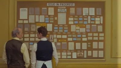 Bill Murray and Pablo Pauly in the Wes Anderson movie The French Dispatch.