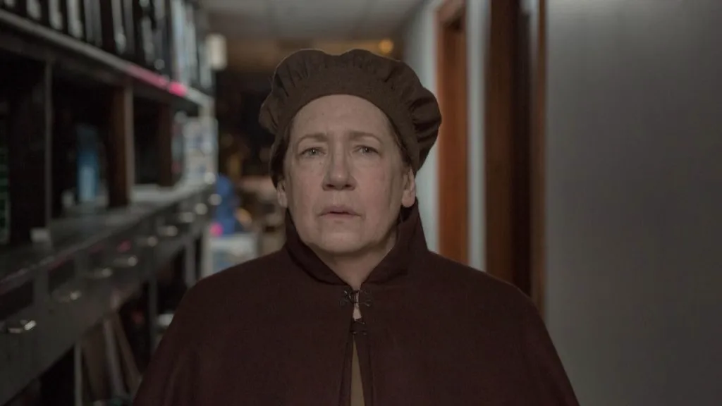 A still image of Ann Dowd as Aunt Lydia in The Handmaid’s Tale.