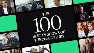 A collage of various television show posters surrounds a central black graphic text box that reads "THE 100 BEST TV SHOWS OF THE 21st CENTURY."