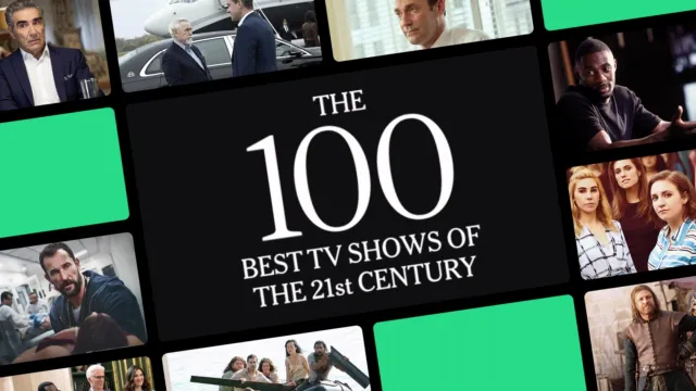 A collage of various television show posters surrounds a central black graphic text box that reads "THE 100 BEST TV SHOWS OF THE 21st CENTURY."