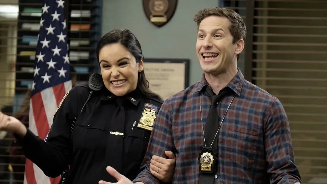 Jake (Andy Samberg) and Amy (Melissa Fumero) in the NBC sitcom Brooklyn Nine-Nine.