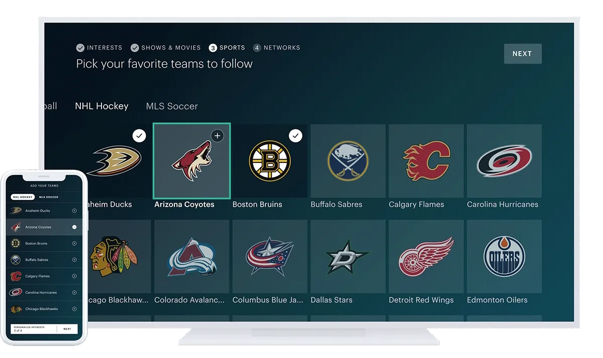 Hulu screen displaying NHL teams available for streaming