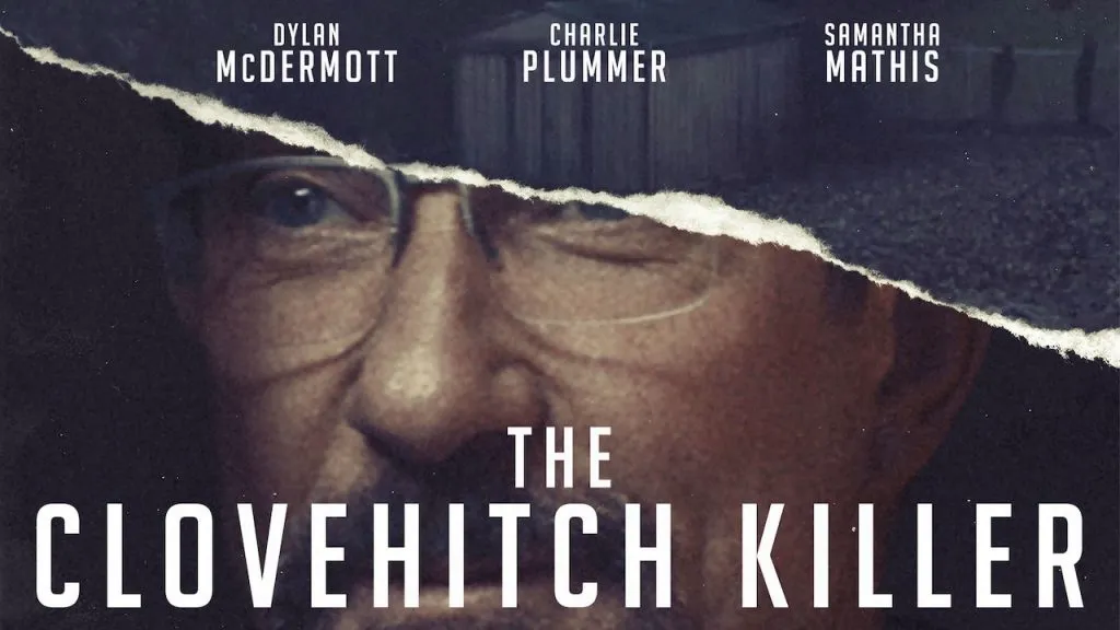 Poster for The Clovehitch Killer showing a close-up of Dylan McDermott’s face partially torn across the middle.