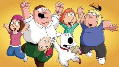 Promotional image of the Griffin family from Family Guy, featuring Peter, Lois, Meg, Chris, Stewie, and Brian.