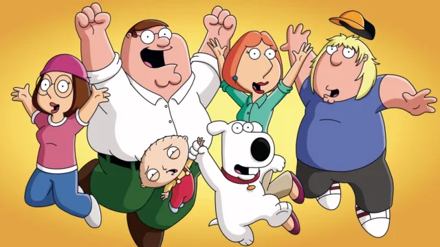 Promotional image of the Griffin family from Family Guy, featuring Peter, Lois, Meg, Chris, Stewie, and Brian.